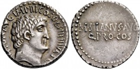 Marcus Antonius with M. Silanus. Denarius, mint moving with M. Antonius 33, AR 3.89 g. ANTON·AVG· IMP·III·COS·DES·III·III ·V·R·P·C Head of M. Antonius...