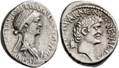 Cleopatra with Marcus Antonius. Denarius, mint moving with M. Antonius 32, AR 3.80 g. CLEOPATRAE ·REGINAE·REGVM·FILIORVM·REGVM Draped and diademed bus...