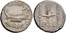 Marcus Antonius. Denarius, mint moving with M. Antonius 32-31, AR 3.82 g. ANT AVG – III·VIR·R·P·C Galley r., with sceptre tied with fillet on prow. Re...