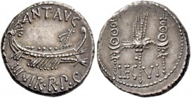 Marcus Antonius. Denarius, mint moving with M. Antonius 32-31, AR 3.60 g. ANT AVG – III·VIR·R·P·C Galley r., with sceptre tied with fillet on prow. Re...