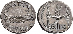 Marcus Antonius. Denarius, mint moving with M. Antonius 32-31, AR 3.34 g. ANT AVG – III·VIR·R·P·C Galley r., with sceptre tied with fillet on prow. Re...