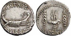 Marcus Antonius. Denarius, mint moving with M. Antonius 32-31, AR 3.71 g. ANT AVG – III·VIR·R·P·C Galley r., with sceptre tied with fillet on prow. Re...