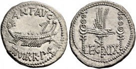 Marcus Antonius. Denarius, mint moving with M. Antonius 32-31, AR 3.42 g. ANT AVG – III·VIR·R·P·C Galley r., with sceptre tied with fillet on prow. Re...