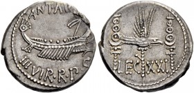 Marcus Antonius. Denarius, mint moving with M. Antonius 32-31, AR 3.75 g. ANT AVG - III·VIR·R·P·C Galley r., with sceptre tied with fillet on prow. Re...