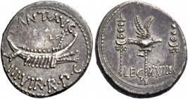 Marcus Antonius. Denarius, mint moving with M. Antonius 32-31, AR 3.56 g. ANT AVG – III·VIR·R·P·C Galley r., with sceptre tied with fillet on prow. Re...