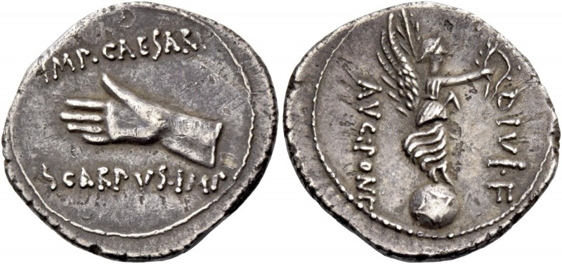 Octavianus with M. Pinarius Scarpus. Denarius, Cyrenaica 31, AR 3.65 g. IMP·CAES...