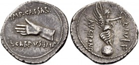 Octavianus with M. Pinarius Scarpus. Denarius, Cyrenaica 31, AR 3.65 g. IMP·CAESARI / SCARPVS· IMP Open r. hand. Rev. DIVI·F / AVG:PONΓ Victory standi...
