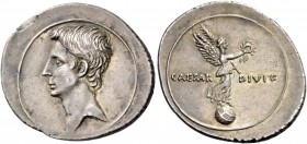 Octavian, 32 – 29 BC. Denarius, Brundisium and Rome (?) circa 32-29, AR 3.79 g. Bare head l. Rev. CAESAR – DIVI F Victory standing r. on globe, holdin...