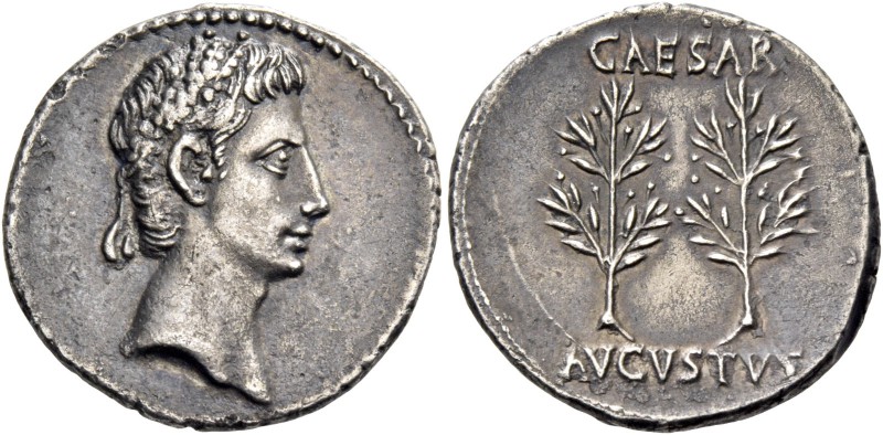 Octavian as Augustus, 27 BC – 14 AD. Denarius, Caesaraugusta circa 19-18 BC, AR ...