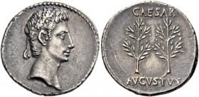 Octavian as Augustus, 27 BC – 14 AD. Denarius, Caesaraugusta circa 19-18 BC, AR 3.57 g. Laureate head r. Rev. CAESAR / AVGVSTVS Two laurel-branches. C...