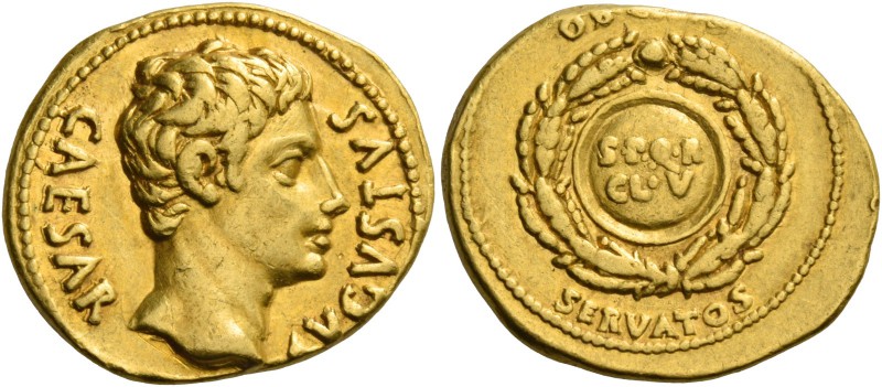 Octavian as Augustus, 27 BC – 14 AD. Aureus, Colonia Patricia 19, AV 7.79 g. CAE...