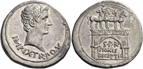 Octavian as Augustus, 27 BC – 14 AD. Cistophoric tetradrachm, Pergamum circa 19-18, AR 11.79 g. IMP IX TR POT V Bare head r. Rev. Triumphal arch inscr...