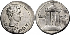 Octavian as Augustus, 27 BC – 14 AD. Cistophoric tetradrachm, Pergamum circa 19-18, AR 11.90 g. IMP·IX·TR – PO·V Bare head r. Rev. MART – VLTO Vexillu...
