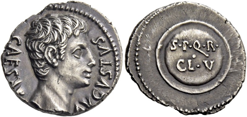 Octavian as Augustus, 27 BC – 14 AD. Denarius, Caesaraugusta (?) circa 19-18 BC,...