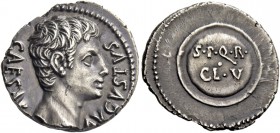 Octavian as Augustus, 27 BC – 14 AD. Denarius, Caesaraugusta (?) circa 19-18 BC, AR 3.54 g. CAESAR – AVGVSTVS Bare head r. Rev. S P Q R / CL V within ...