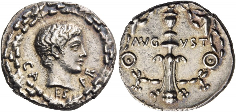 Octavian as Augustus, 27 BC – 14 AD. Denarius, uncertain mint circa 17, AR 3.72 ...