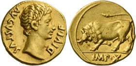Octavian as Augustus, 27 BC – 14 AD. Aureus, Lugdunum 15-13, AV 7.76 g. AVGVSTVS – DIVI F Bare head r. Rev. Bull butting l.; in exergue, IMP X. C 140....
