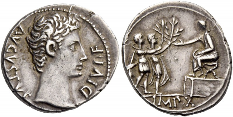 Octavian as Augustus, 27 BC – 14 AD. Denarius, Lugdunum 15-13, AR 3.88 g. AVGVST...