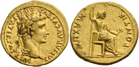 Octavian as Augustus, 27 BC – 14 AD. Aureus, Lugdunum 13-14, AV 7.91 g. CAESAR AVG DIVI F PATER PATRIAE Laureate head r. Rev. PONTIF – MAXIM Pax-Livia...