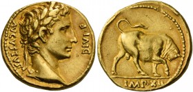 Octavian as Augustus, 27 BC – 14 AD. Aureus, Lugdunum 11-10, AV 7.75 g. AVGVSTVS – DIVI·F Bare head r. Rev. Bull butting r.; in exergue, IMP XII. C 15...