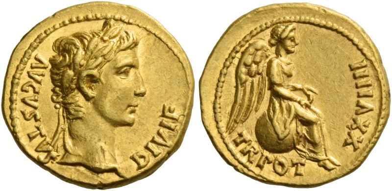 Octavian as Augustus, 27 BC – 14 AD. Quinarius, Lugdunum 6-9, AV 3.91 g. AVGVSTV...