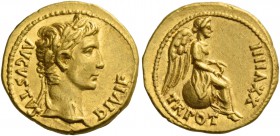 Octavian as Augustus, 27 BC – 14 AD. Quinarius, Lugdunum 6-9, AV 3.91 g. AVGVSTVS – DIVI F Laureate head r. Rev. TR POT – XXVIII Victory, draped, seat...