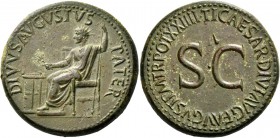 Octavian as Augustus, 27 BC – 14 AD. Divus Augustus. Sestertius 22-23, Æ 27.35 g. DIVVS AVGVSTVS – PATER Augustus, radiate, seated l., feet on stool, ...