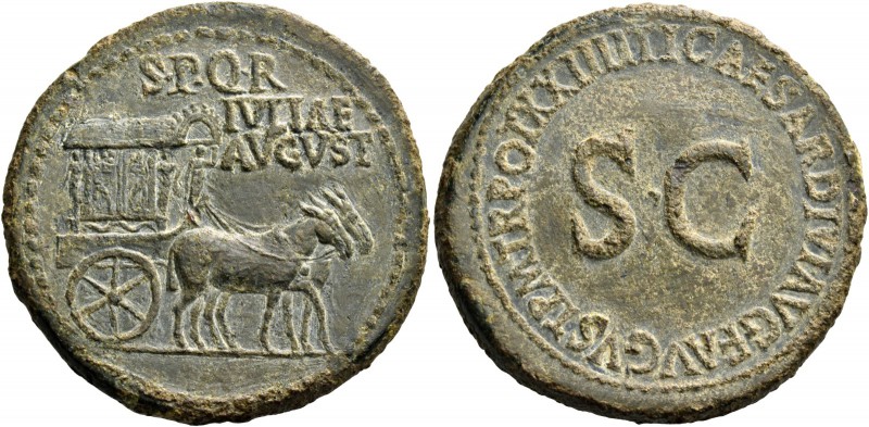 In name of Livia, wife of Augustus. Sestertius circa 22-23, Æ 27.91 g. S P Q R /...