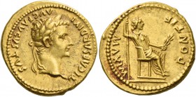 Tiberius augustus, 14 – 37. Aureus, Lugdunum 14-37, AV 7.64 g. TI CAESAR DIVI – AVG F AVGVSTVS Laureate head r. Rev. PONTIF – MAXIM Pax-Livia figure s...