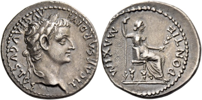 Tiberius augustus, 14 – 37. Denarius, Lugdunum 14-37, AR 3.60 g. TI CAESAR DIVI ...
