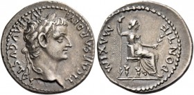 Tiberius augustus, 14 – 37. Denarius, Lugdunum 14-37, AR 3.60 g. TI CAESAR DIVI – AVG F AVGVSTVS Laureate head r. Rev. PONTIF – MAXIM Pax-Livia figure...