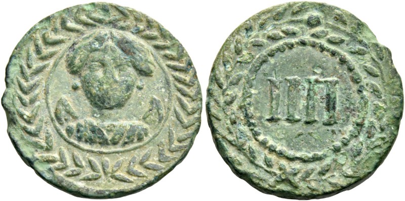 Tiberius augustus, 14 – 37. Tessera early first century BC, Æ 4.02 g. Draped bus...