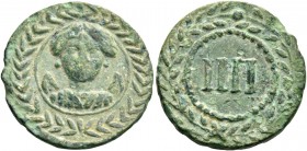 Tiberius augustus, 14 – 37. Tessera early first century BC, Æ 4.02 g. Draped bust of Victory (?) facing, within wreath. Rev. IIII within wreath.
Appa...