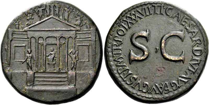 Tiberius augustus, 14 – 37. Sestertius 35-36, Æ 25.57 g. Hexastyle temple with f...