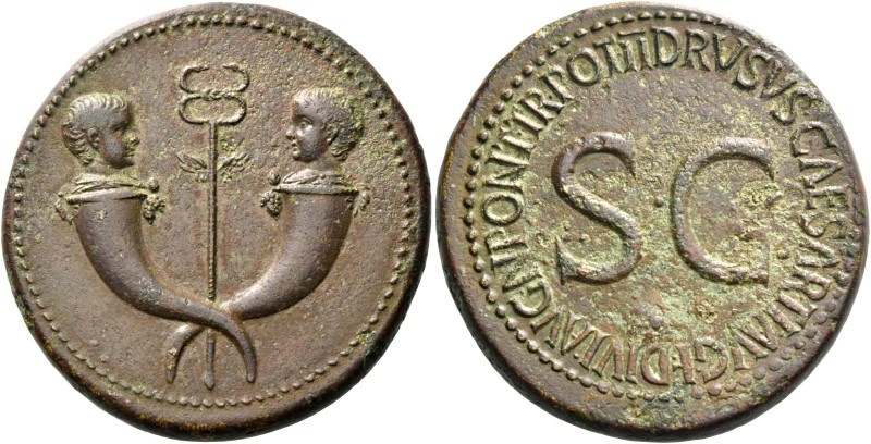 In the name of Drusus, son of Tiberius. Sestertius 22-23, Æ 28.33 g. Confronted ...