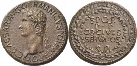 Gaius augustus, 37 – 41. Sestertius 37-38, Æ 28.23 g. C·CAESAR·AVG·GERMANICVS·PON·M·TR·POT Laureate head l. Rev. S·P·Q·R / P·P / OB·CIVES / SERVATOS w...