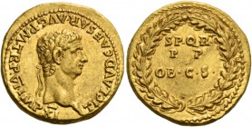 Claudius augustus, 41 – 54. Aureus, Roma 46-47, AV 7.88 g. TI CLAVD CAESAR·AVG·P·M·TR·VI IMP·XI Laureate head r. Rev. S P Q R / P P / OB CS within oak...
