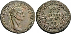 Claudius augustus, 41 – 54. Sestertius circa 50-54, Æ 27.49 g. TI CLAVDIVS CAESAR AVG P M TR P IMP P P Laureate head r. Rev. EX SC / P P / OB CIVES / ...