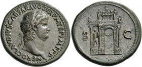 Nero augustus, 54 – 68. Sestertius circa 64, Æ 27.70 g. NERO CLAVDIVS CAESAR AVG GER P M TR P IMP P P Laureate head r. Rev. S – C Triumphal arch surmo...