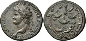 Nero augustus, 54 – 68. Sestertius, Lugdunum circa 65, Æ 23.26 g. NERO CLAVD CAESAR AVG GER P M TR P IMP P P Laureate head l., with globe at point of ...