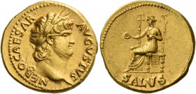 Nero augustus, 54 – 68. Aureus circa 65-66, AV 7.33 g. NERO CAESAR – AVGVSTVS Laureate head r. Rev. Salus seated l. on throne, holding patera in r. ha...