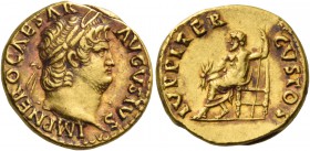 Nero augustus, 54 – 68. Aureus circa 66-67, AV 7.33 g. IMP NERO CAESAR – AVGVSTVS Laureate head r. Rev. IVPPITER – CVSTOS Jupiter seated l., holding t...