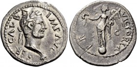 Galba, 68 – 69. Denarius, Carthage circa October 68 to June 69, AR 3.35 g. IMP AVG – SER – GALBA Laureate head r. Rev. VICTORIA – P R Victory standing...
