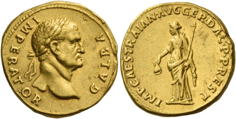Galba, 68 – 69. Restitution issue by Trajan. Aureus circa 112-113, AV 7.21 g. GA...