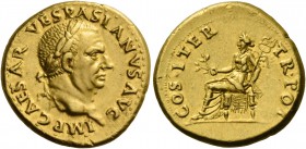 Vespasian, 69 – 79. Aureus, Tarraco 70, AV 7.36 g. IMP CAESAR VESPASIANVS AVG Laureate head r. Rev. COS ITER – TR POT Pax seated l., holding branch an...