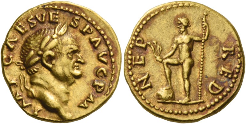 Vespasian, 69 – 79. Aureus July-December 71, AV 7.23 g. IMP CAES VE – SP AVG P M...