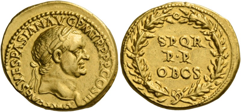 Vespasian, 69 – 79. Aureus, Lugdunum 71, AV 7.26 g. IMP CAESAR VESPASIAN AVG P M...