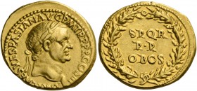 Vespasian, 69 – 79. Aureus, Lugdunum 71, AV 7.26 g. IMP CAESAR VESPASIAN AVG P M TR P P P COS III Laureate head r. Rev. S P Q R / P P / OB CS in three...