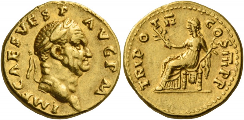 Vespasian, 69 – 79. Aureus 71, AV 7.30 g. IMP CAES VESP AVG P M Laureate head r....