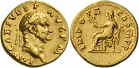 Vespasian, 69 – 79. Aureus 71, AV 7.30 g. IMP CAES VESP AVG P M Laureate head r. Rev. TR POT II – C – OS III P P Pax seated l., holding olive branch a...
